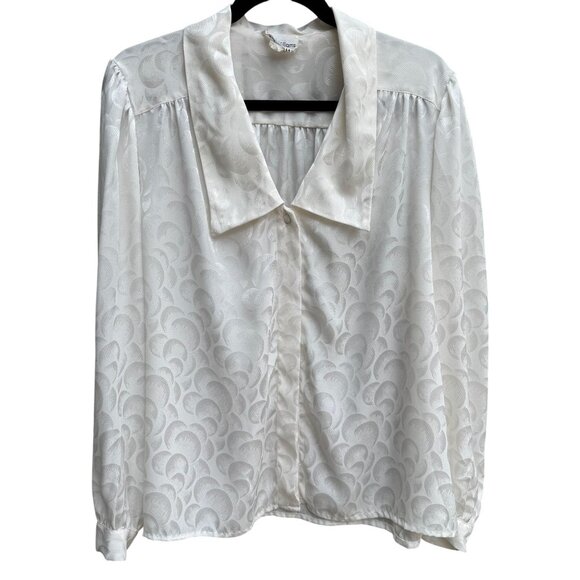 Lloyd Williams Vintage White Long Sleeve Button-Down Jacquard Pattern Blouse 14 - Picture 1 of 8